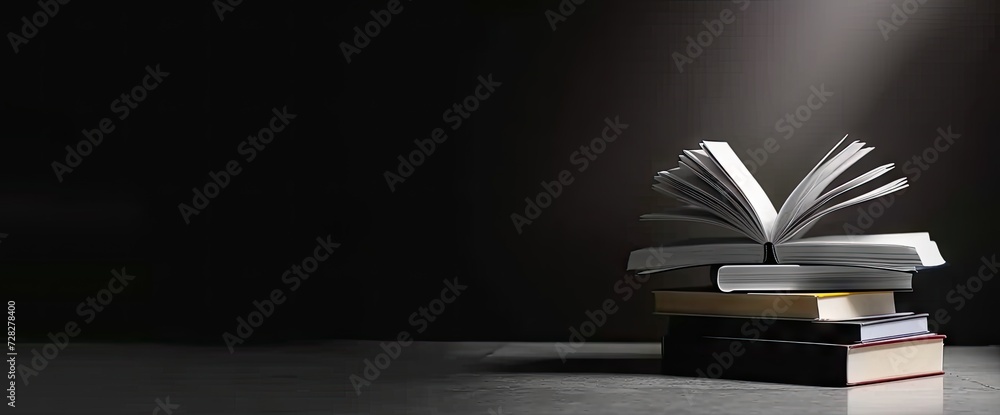 Poster pile of open books against backdrop of hand with ample space for text symbolizing pursuit of educati