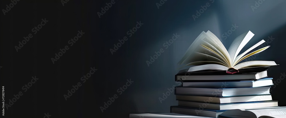 Poster pile of open books against backdrop of hand with ample space for text symbolizing pursuit of educati