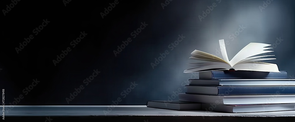 Poster pile of open books against backdrop of hand with ample space for text symbolizing pursuit of educati