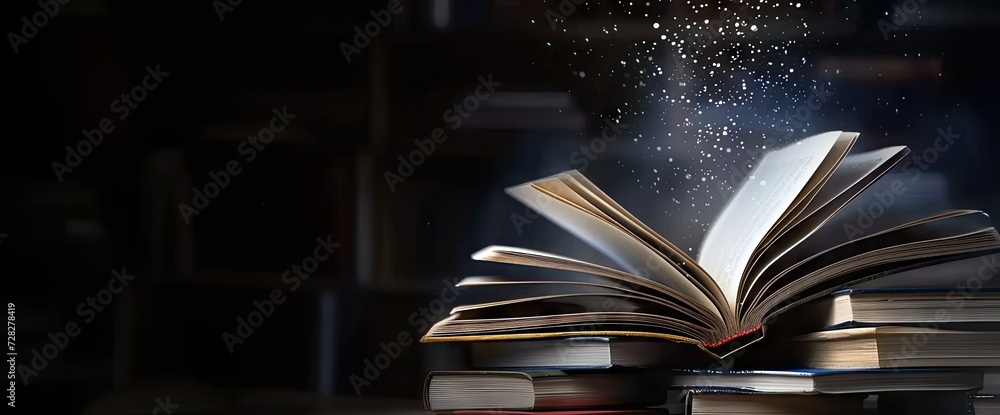 Poster pile of open books against backdrop of hand with ample space for text symbolizing pursuit of educati