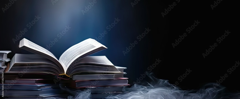 Poster pile of open books against backdrop of hand with ample space for text symbolizing pursuit of educati