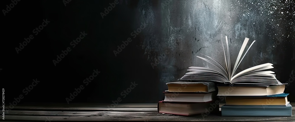 Poster pile of open books against backdrop of hand with ample space for text symbolizing pursuit of educati