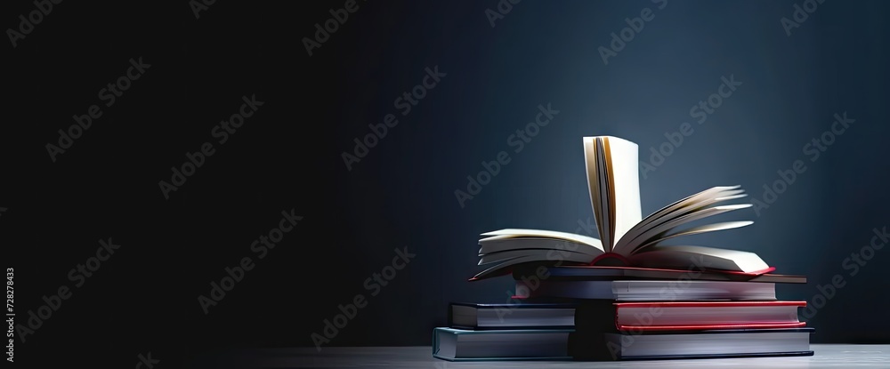 Aufkleber pile of open books against backdrop of hand with ample space for text symbolizing pursuit of educati