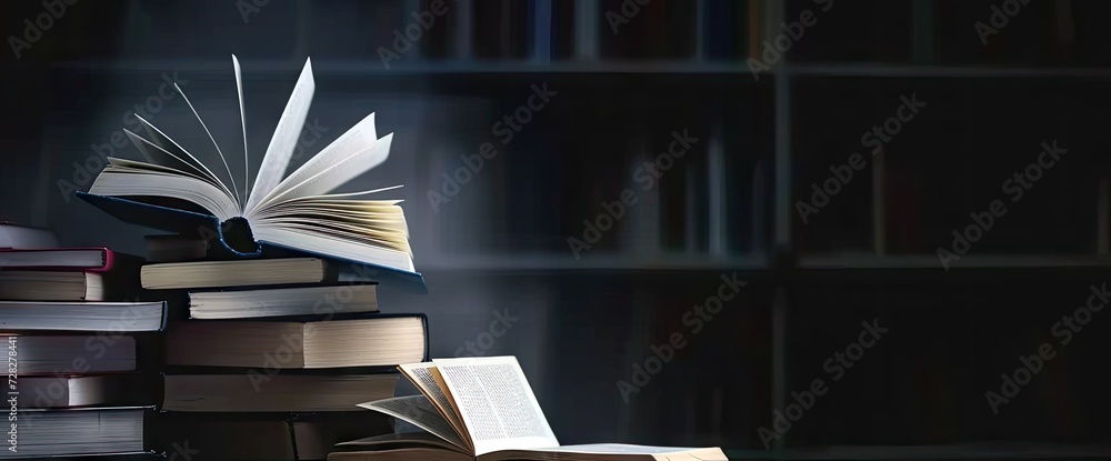 Poster pile of open books against backdrop of hand with ample space for text symbolizing pursuit of educati