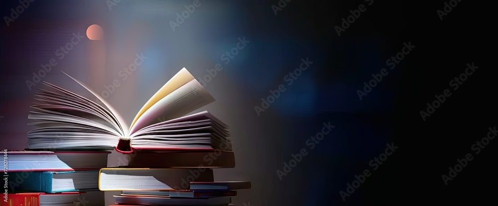 Poster pile of open books against backdrop of hand with ample space for text symbolizing pursuit of educati