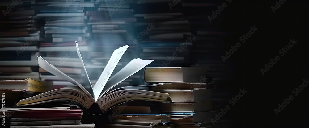Poster pile of open books against backdrop of hand with ample space for text symbolizing pursuit of educati