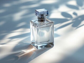 Glass perfume bottle filled with clear color perfume on white floor background with sunlight and foliage shadows. Minimalist luxury-style fragrance template. Created with Generative AI.