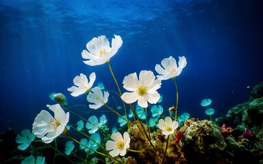 Fototapeta na wymiar Ethereal underwater scene featuring delicate blossoms drifting amidst the serene blue depths