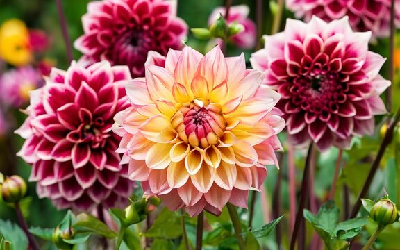 Colorful dahlia flowers in the garden