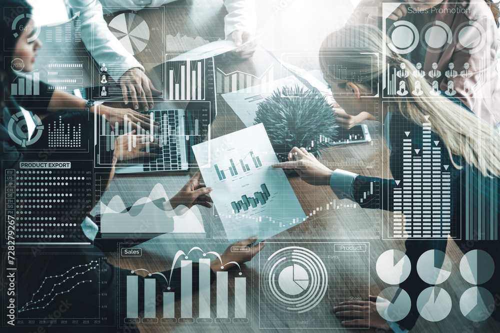 Poster big data technology for business finance analytic concept. modern interface shows massive informatio