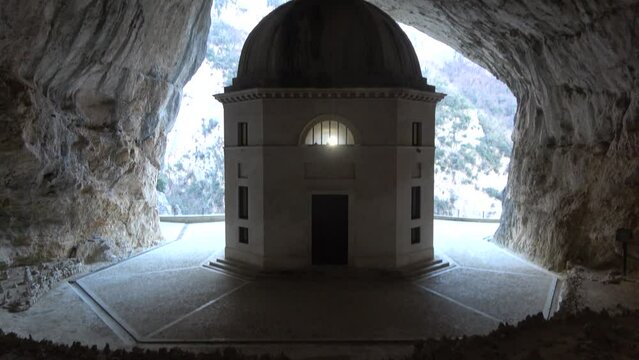 Temple of Valadier church near Frasassi caves of Genga. Rock church inside a cave. Marche, Italy. 4k footage