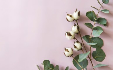 Cotton flowers buds with eucaliptus leaves boder on pink background - obrazy, fototapety, plakaty