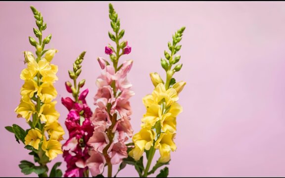 Pink and yellow flowers of Snapdragon or Antirrhinum majus on a cream and pink background