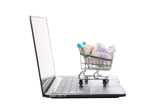 PNG, shopping cart with laptop and flowers, isolated on white background.