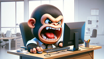 Office Overload: A 3D Cartoon Gorilla's Hilarious Meltdown at the Desk