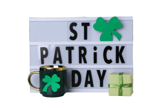 PNG, Light box with text, clover, cup and paper box, isolated on white background