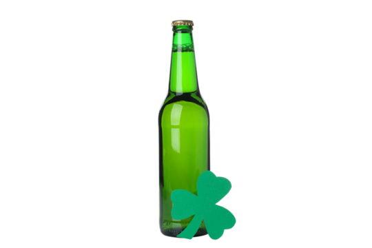 PNG, Green bottle and paper clover leaf, isolated on white background - Powered by Adobe