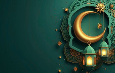 Ramadan Kareem background with 3d golden and green metal crescent and stars and lantern. Arabic style arch in sweet color with traditional pattern mandala Copy space.