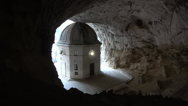 Temple of Valadier church near Frasassi caves of Genga. Rock church inside a cave. Marche, Italy. 4k footage