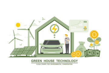 Investment to alternative energy, Environmental care and use clean energy, Net zero emission sustainability concept, Saving money from using renewable energy, Green house technology and electric car.