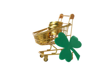 PNG, Coins in shopping cart and clover, isolated on white background