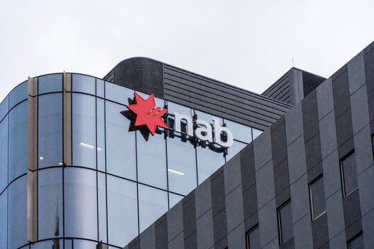 ADELAIDE, SA AUSTRALIA - 23 NOV 2023: NAB logo in the Adelaide CBD, South Australia.