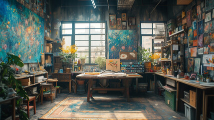 A creative, bohemian craft room with walls covered in inspiration boards, a large worktable for projects, and shelves filled with art supplies