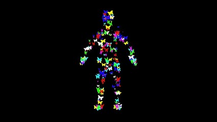 Beautiful illustration of human shape with colorful butterflies on plain black background