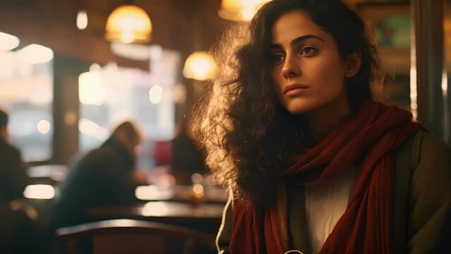young Middle Eastern woman sits introspectively in bustling cafe, media around sparking vivid remembrance of former events. This thoughtful reprocessing of past moments elucidates tenets of