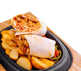 shawarma with fried potato wedges and different sauce