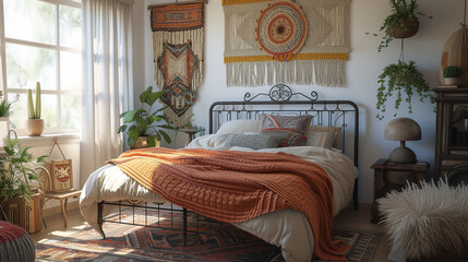 An inviting, bohemian-style guest room with a wrought iron bed, layered bedding in various textures, and a collection of handmade wall hangings