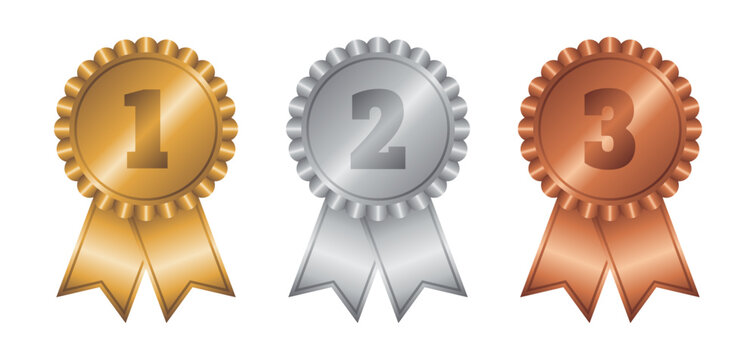 Set of gold, silver and bronze medals. Metallic trophy awards with numbers. Vector and PNG on transparent background.
