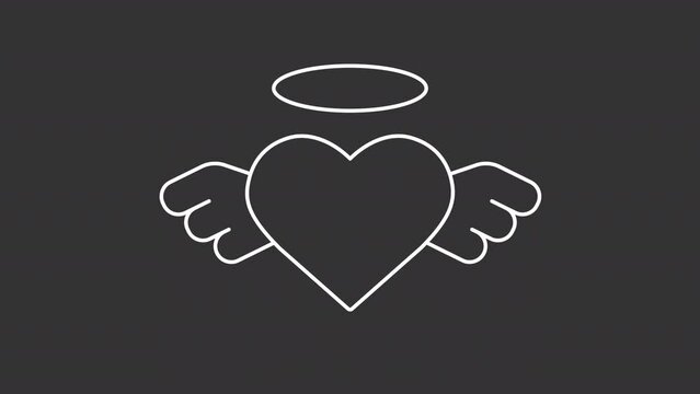 Angel heart white line animation. Animated icon of flying heart with wings and halo. Saint Valentines day. Isolated illustration on dark background. Transition alpha video. Motion graphic