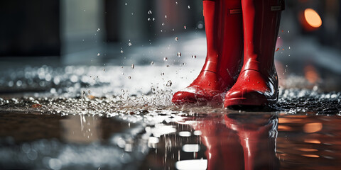 Red rubber boots. rain boot images
 - obrazy, fototapety, plakaty