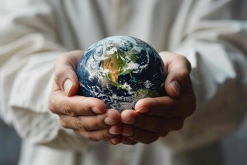 Human Hands Holding Earth Globe - Environmental Care and Global Sustainability, Caring for Our Planet: International Cooperation in Environmental Stewardship and Climate Action