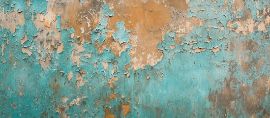 Closeup of Turquoise and Brown Obsolete Cement Wall on Background