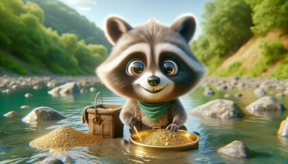 The Raccoon Gold Prospector: Discovering Treasures Along the Riverbank