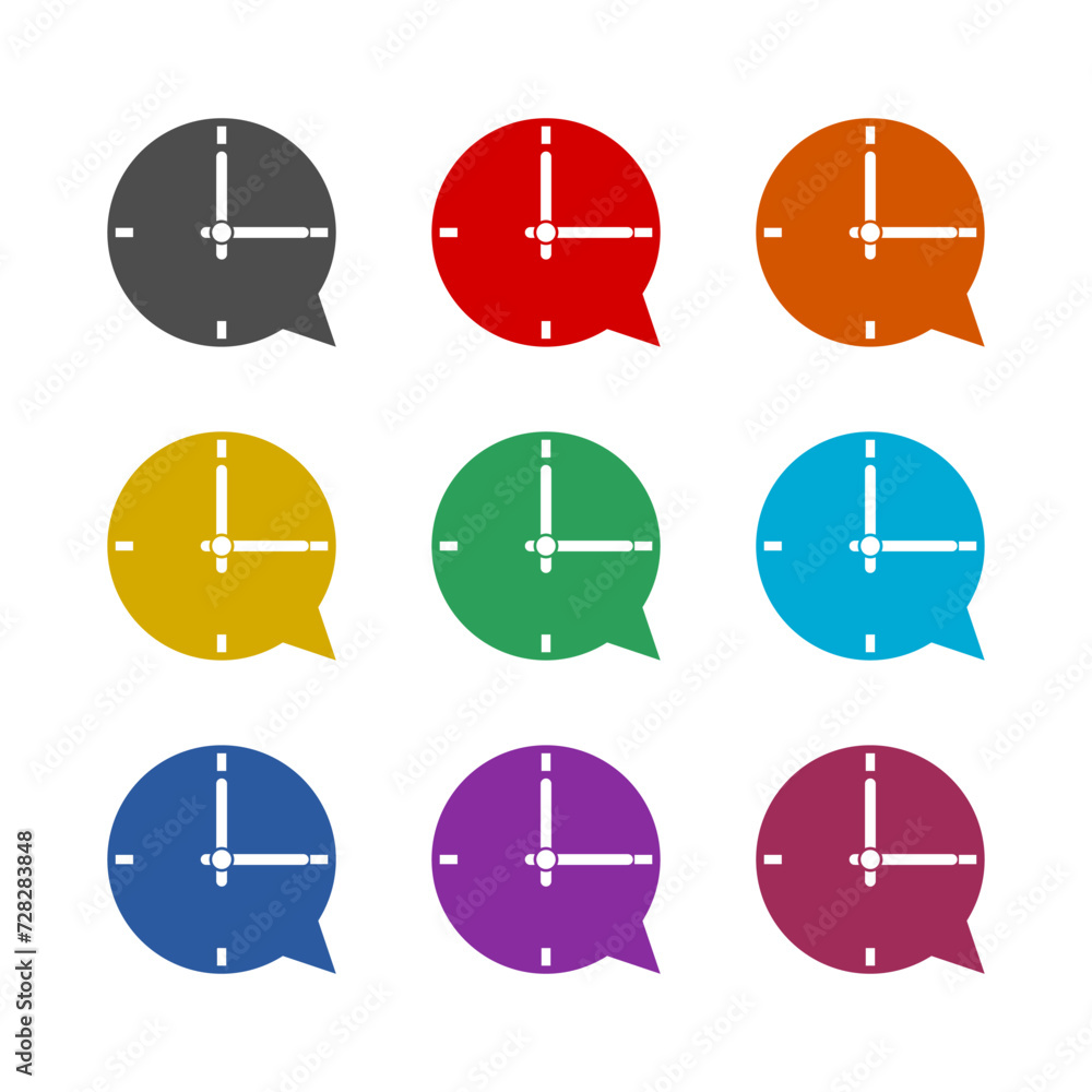 Poster bubble chat time clock schedule icon isolated on white background. set icons colorful