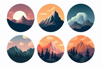 Set of landscape icons with mountains on a white background.
