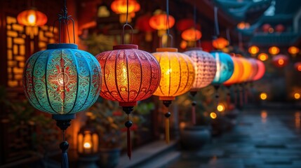 Chinese Lanterns Hang in the Night Sky Generative AI