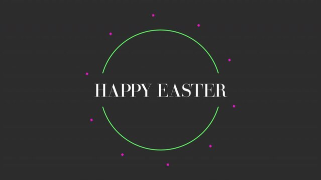 A festive image with a green dot in the center and happy easter written in white letters, set against a black background. Celebrate the joy of Easter with this simple yet vibrant design
