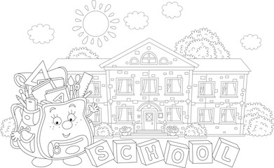Funny cartoony schoolbag character friendly smiling and waving in greeting before start of classes on the background of a pretty school on a sunny day, black and white vector cartoon illustration
