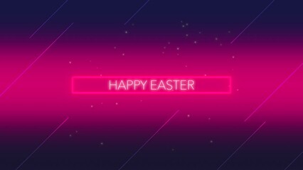 A vibrant neon sign saying Happy Easter in pink letters against a blue background. The bright, colorful lighting creates a joyful, nostalgic vibe