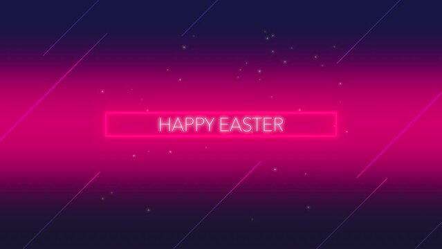 A vibrant neon sign saying Happy Easter in pink letters against a blue background. The bright, colorful lighting creates a joyful, nostalgic vibe