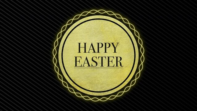 A festive Easter image featuring a vibrant circular design with the words happy Easter inside a golden frame. The background showcases a classic black and white checkerboard pattern