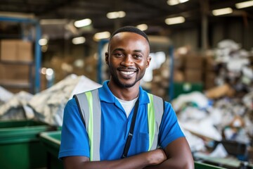 Confident recycling facility worker in blue uniform - obrazy, fototapety, plakaty