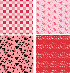 Valentine hearts seamless pattern set, leopard heart,  checkered pattern, Decorative wallpaper.