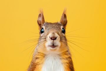 portrait of a surprised squirrel isolated on yellow background