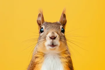 Schilderijen op glas portrait of a surprised squirrel isolated on yellow background © Marina Shvedak