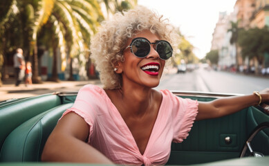 Joyful woman with sunglasses driving a vintage car